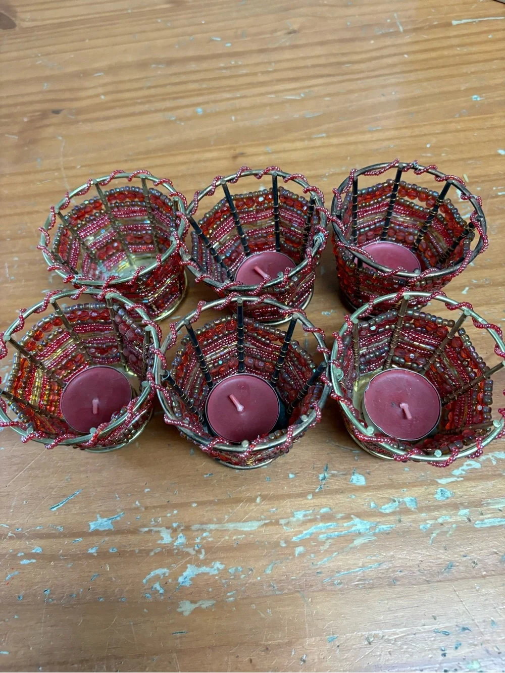 Handcrafted Red Beaded Tea Light Holders - Set of 6